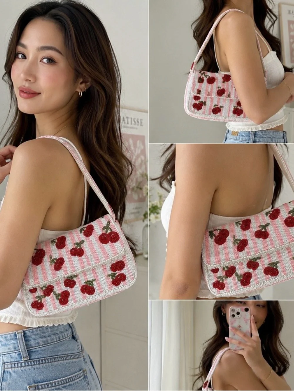 🍒Handcrafted in India Viral Beaded Cherry Shoulder Bag Cherries Pink Striped - Picture 1 of 13
